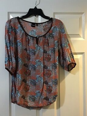 Cruel Brown, Orange & Light Blue Floral Keyhole Blouse